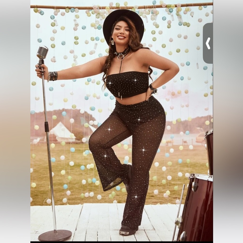 SHEIN SXY Plus Sequin Decor Mesh Tube Top & Panty Insert Flare Leg Pants